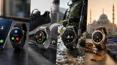 Four smartwatch categories including calling, fitness, waterproof outdoor, and Islamic-inspired smartwatches displayed in a premium product showcase.