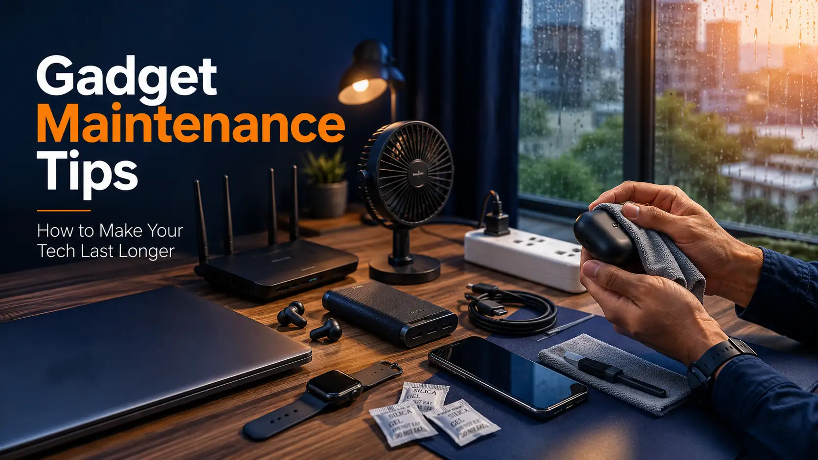 Modern gadget maintenance setup featuring power bank, wireless earbuds, smartwatch, Wi-Fi router, rechargeable fan, cleaning cloth, silica gel, and charging accessories in a stylish workspace.