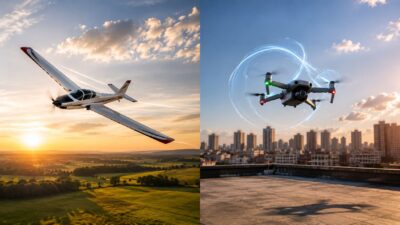 Split comparison of an RC plane gliding over an open field and an RC drone hovering above a rooftop, highlighting different flying experiences.