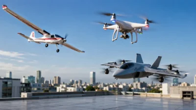 Comparison of an RC fixed-wing plane, a quadcopter drone, and a hybrid drone-plane showing their different flight styles and designs.
