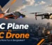 RC plane and RC drone flying over a modern Bangladesh city skyline during a product comparison