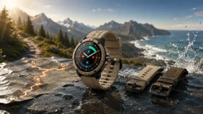 Premium AMOLED smartwatch with dual interchangeable straps, built-in GPS, and water-resistant design displayed in an outdoor adventure-inspired setting.