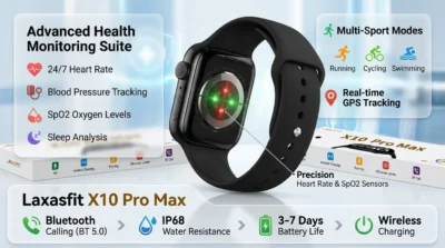 Health and fitness tracking infographic for Laxasfit X10 Pro Max, detailing heart rate, SpO2, blood pressure, sports modes, and its 3-7 day battery life.