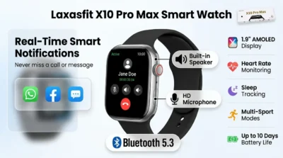 Infographic showing the Bluetooth 5.3 calling features of the Laxasfit X10 Pro Max, including the speaker, microphone, and social media notification support.